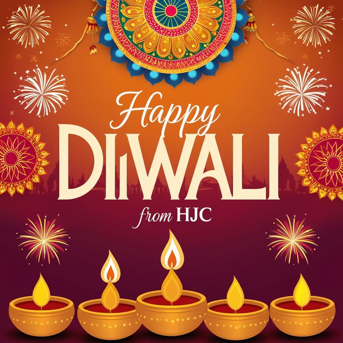 设计一张印度排灯节海报，海报上标注“Happy Diwali from HJC”_其中HJC字样小一些_